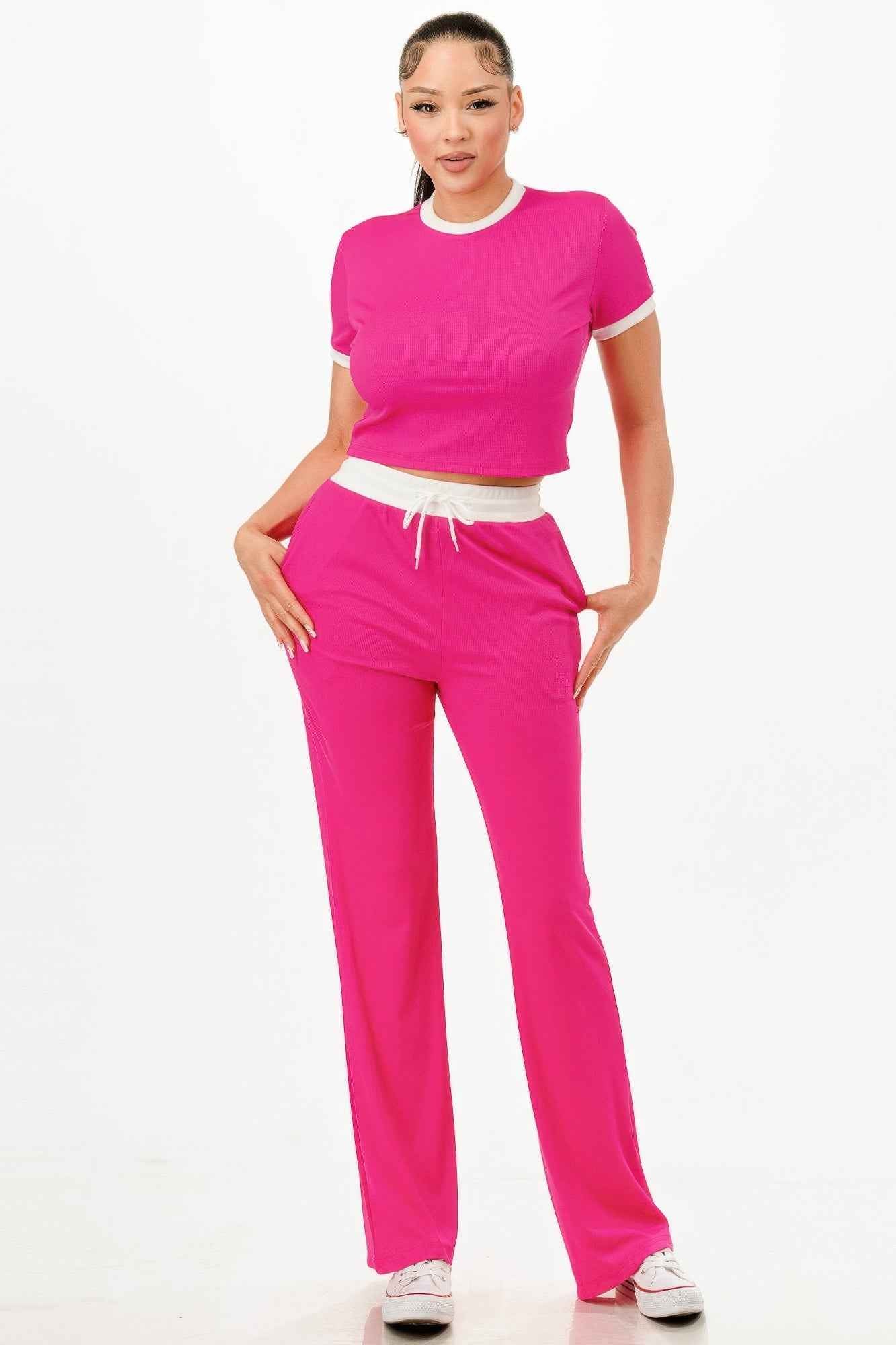Ribbed Contrast Binding Top And Pants Set