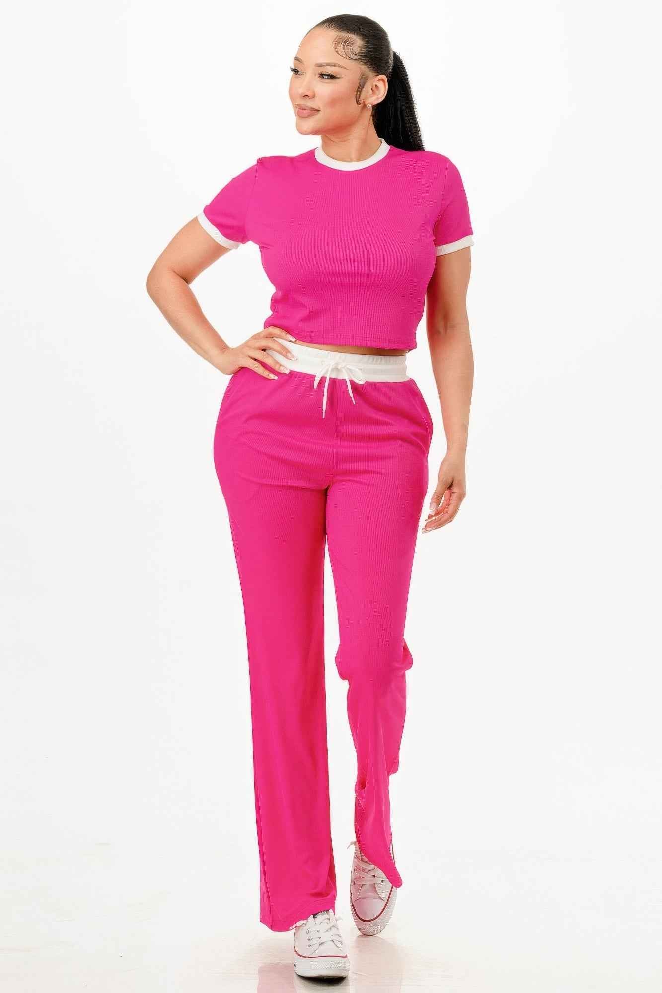 Ribbed Contrast Binding Top And Pants Set