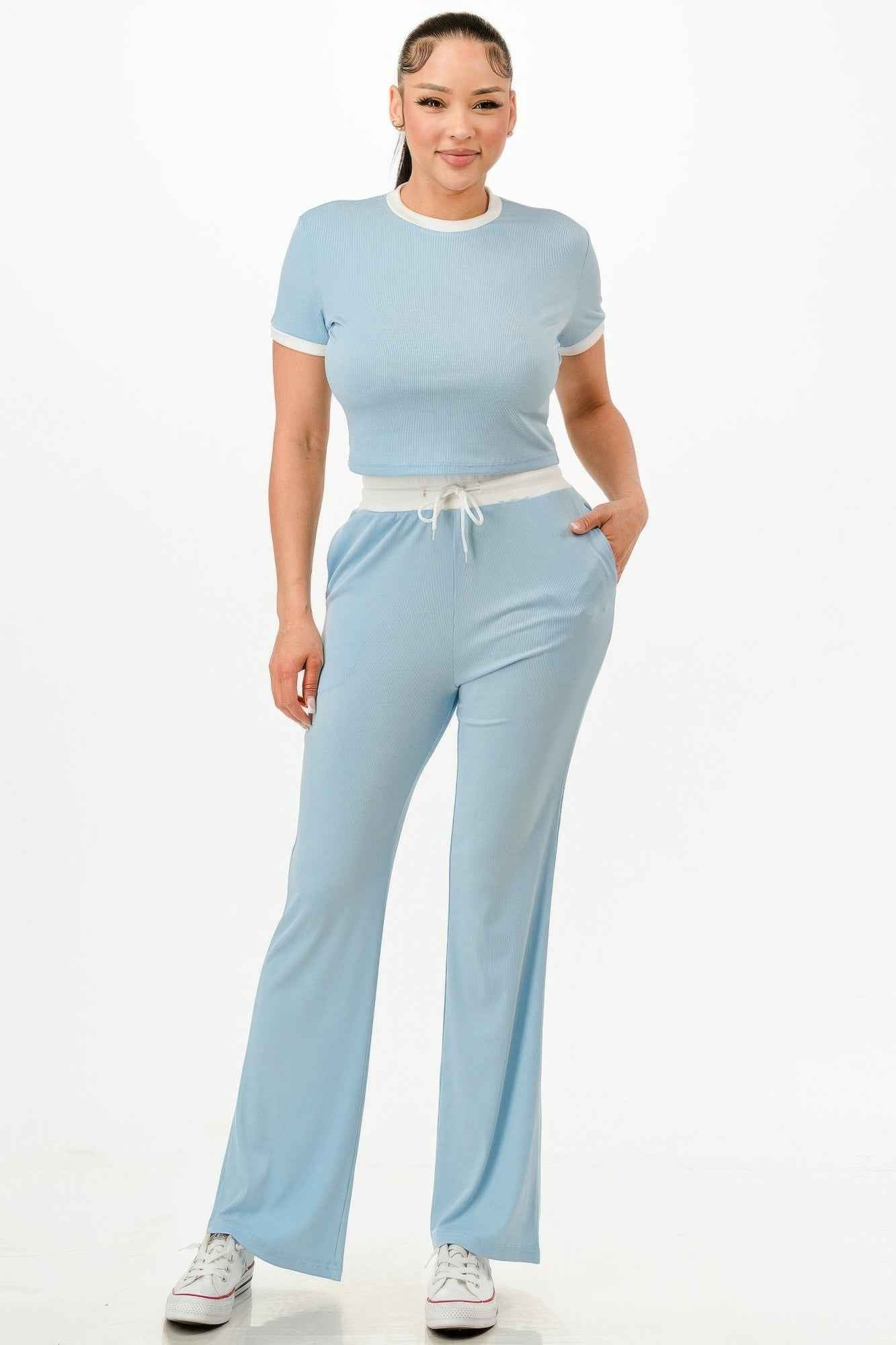 Ribbed Contrast Binding Top And Pants Set