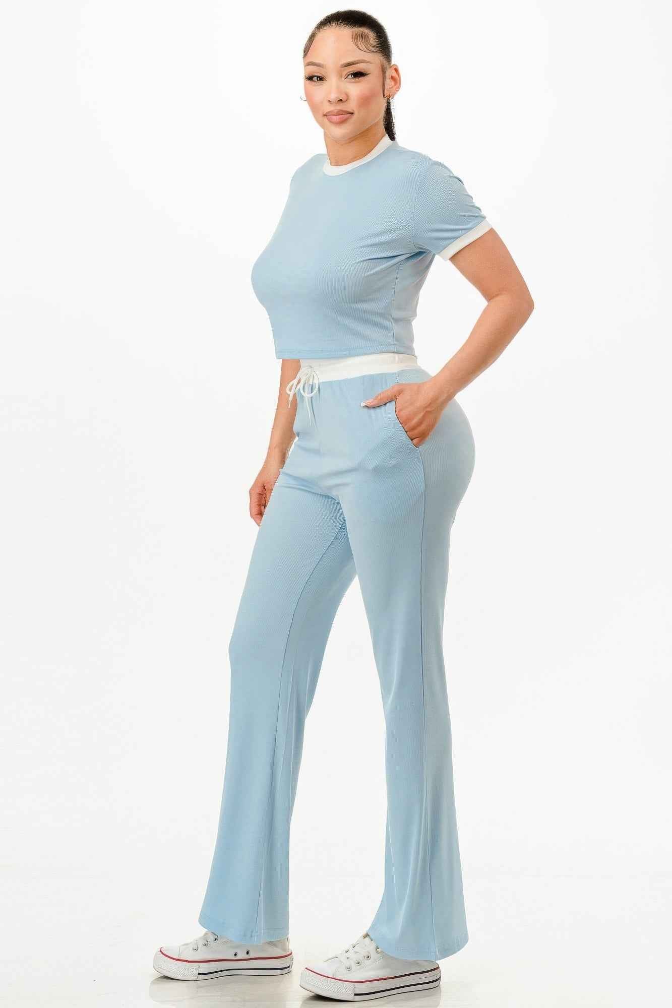 Ribbed Contrast Binding Top And Pants Set