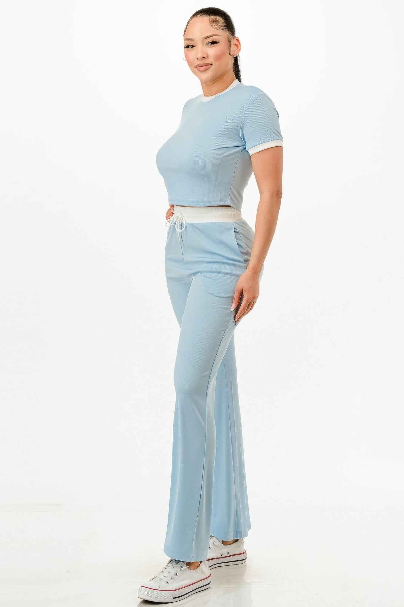 Ribbed Contrast Binding Top And Pants Set