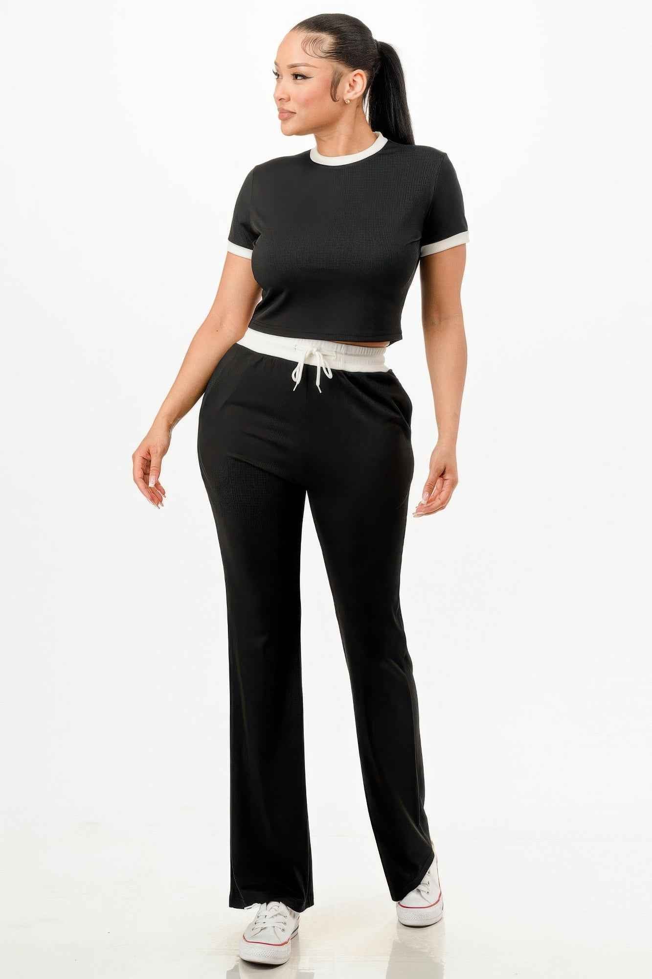 Ribbed Contrast Binding Top And Pants Set