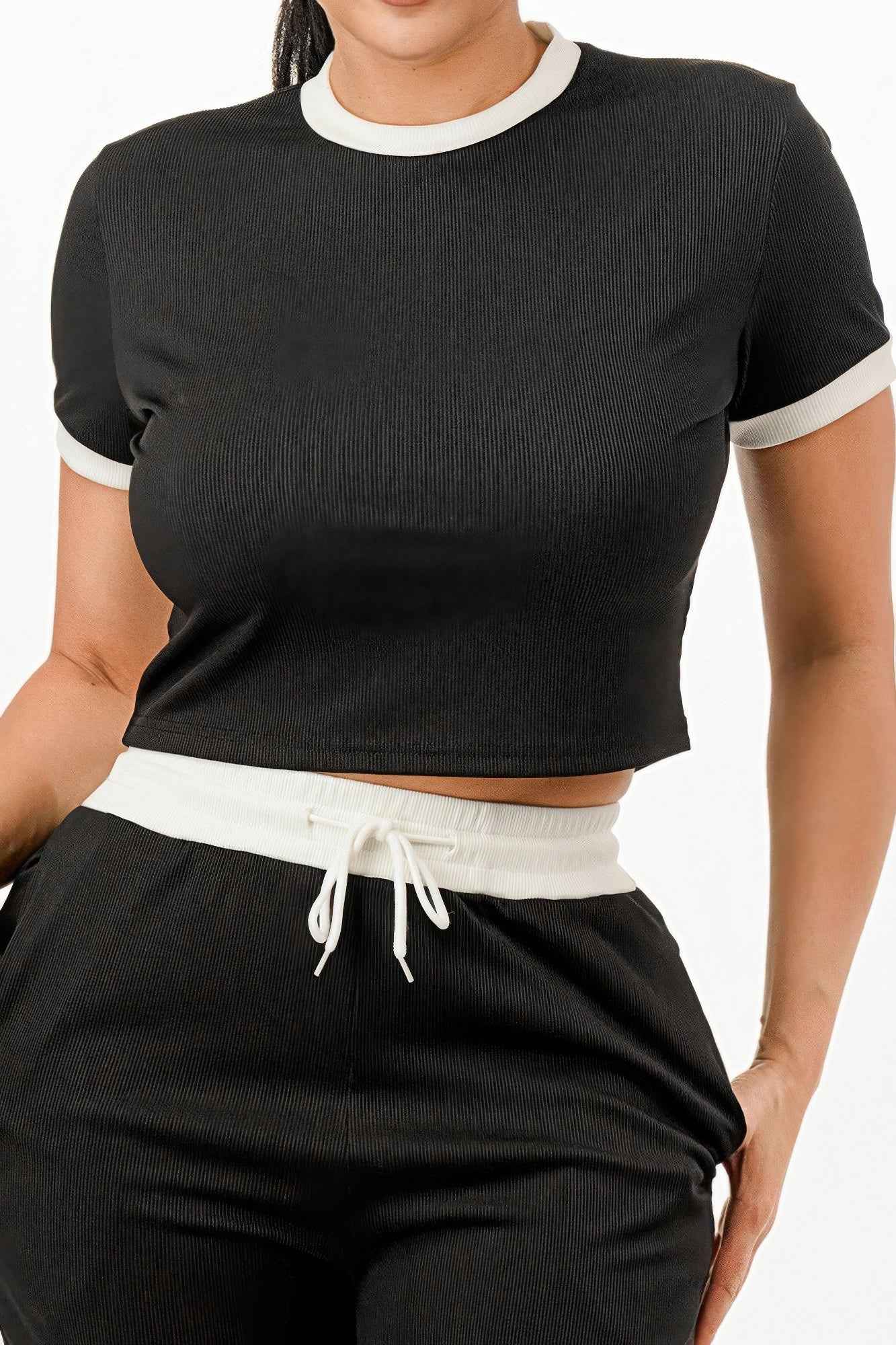 Ribbed Contrast Binding Top And Pants Set
