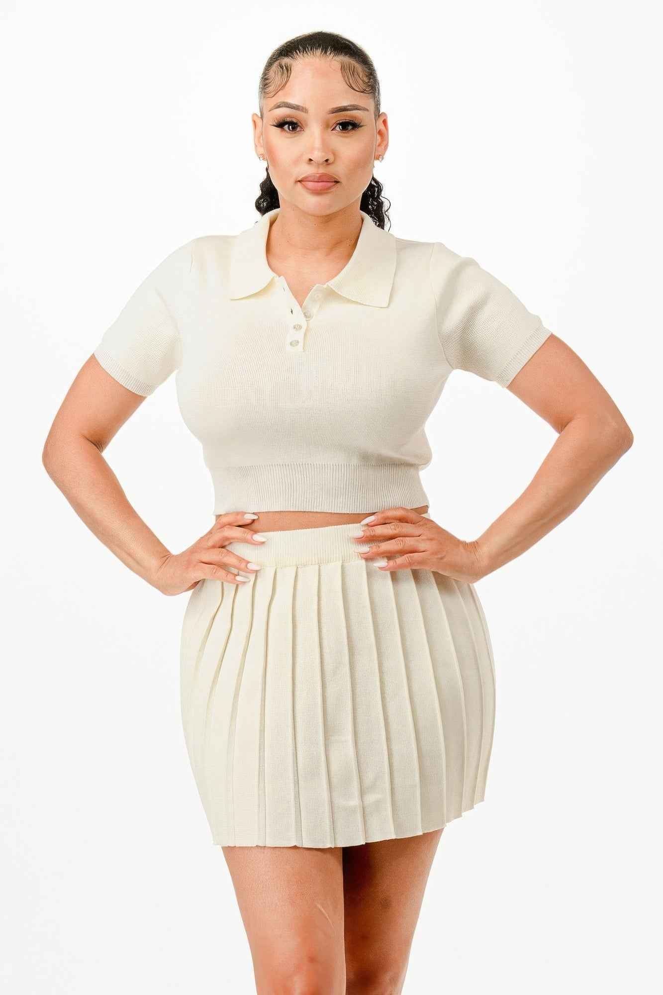 Cropped Polo Sweater Shirt And Skirt Set
