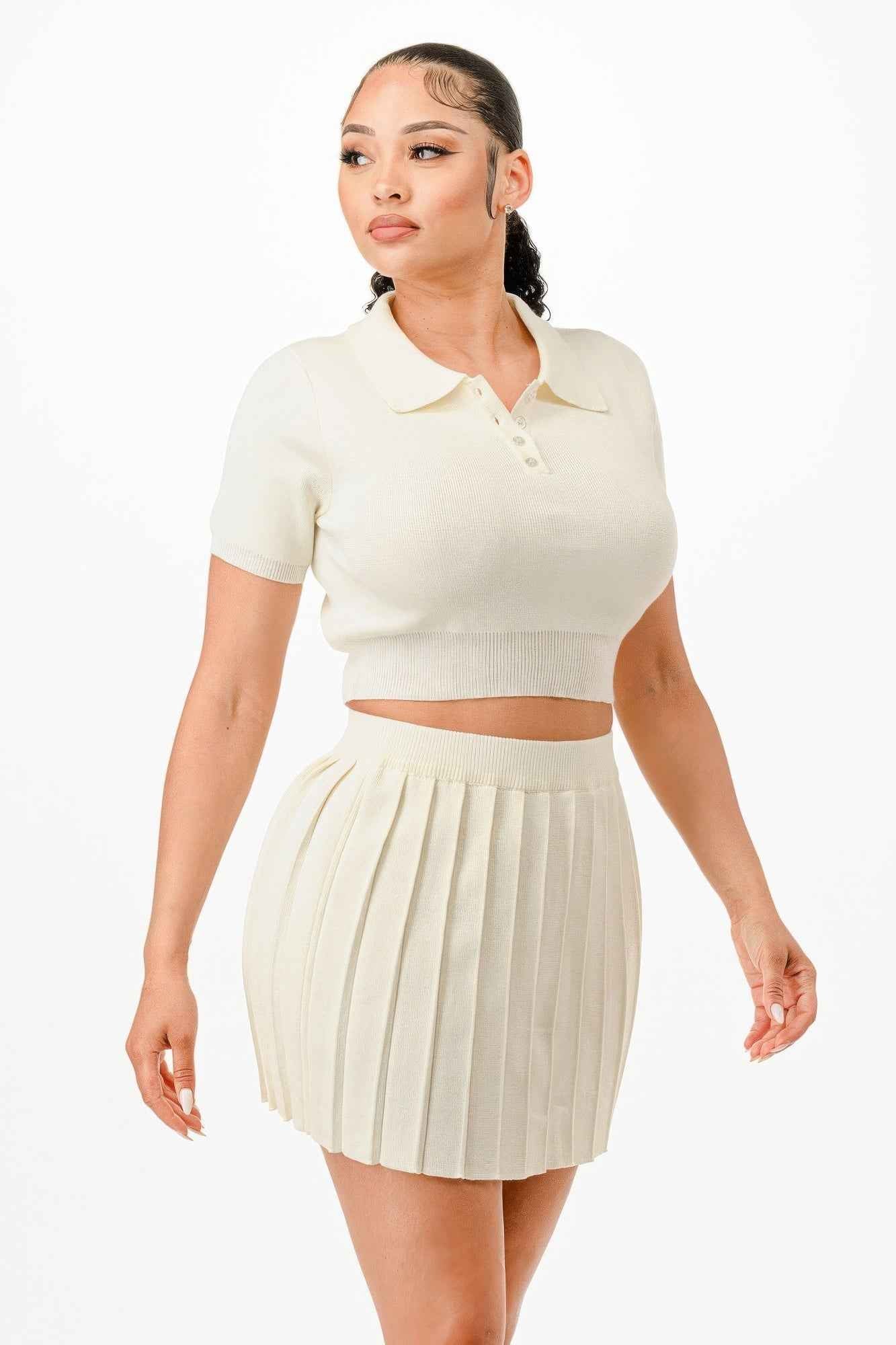 Cropped Polo Sweater Shirt And Skirt Set