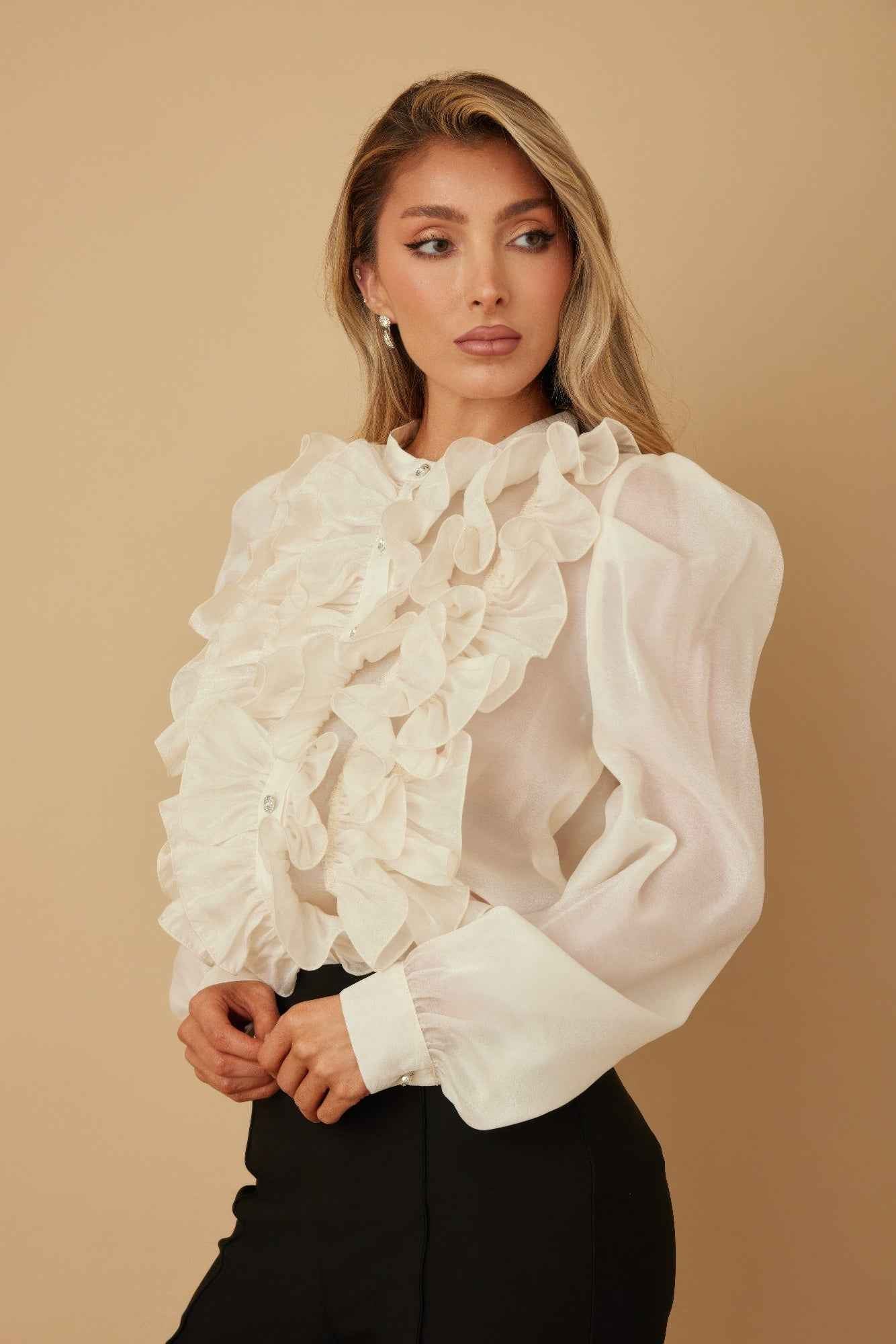 Ruffle Micro Crystal Long Sleeve Blouse