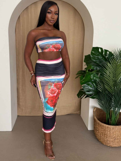 Midnight Bloom Strapless Skirt Set