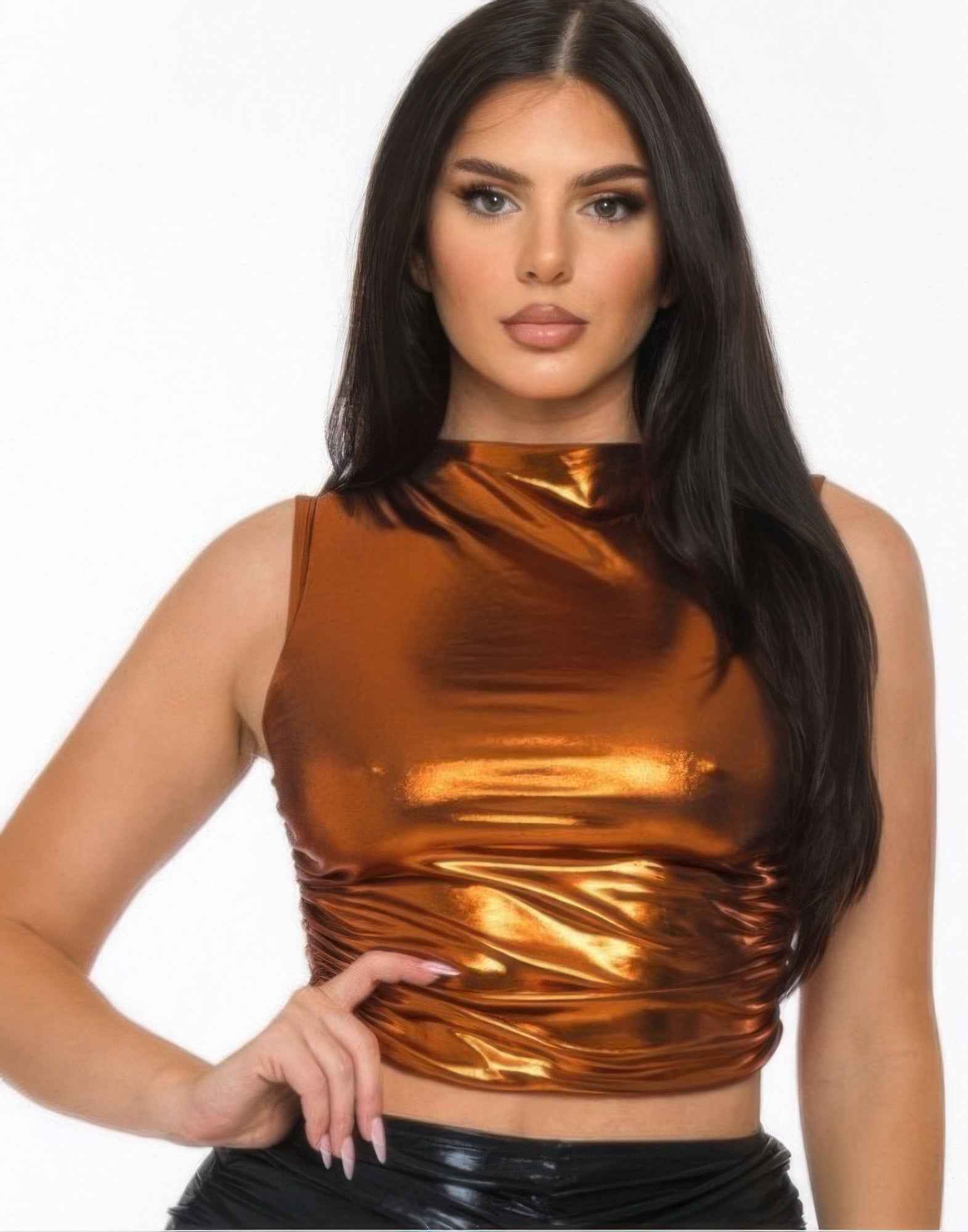 Metallic Mock Neck Crop Top