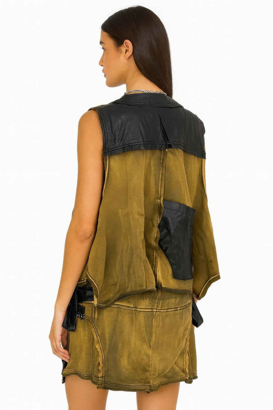 Denim And Faux Leather Two Piece Set