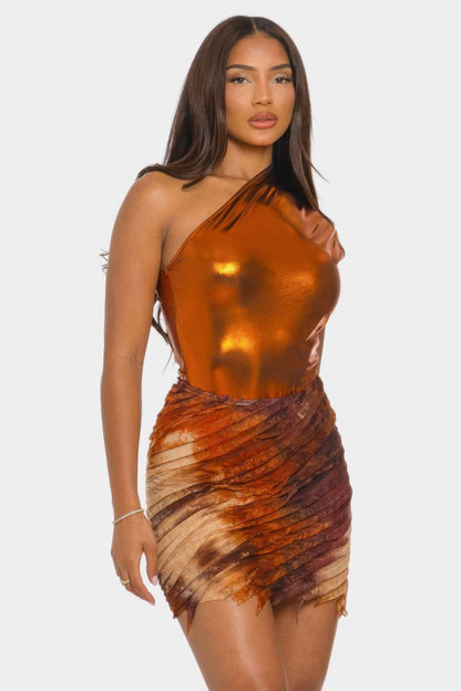 Metallic One Shoulder Bodysuit & Mini Skirt Set