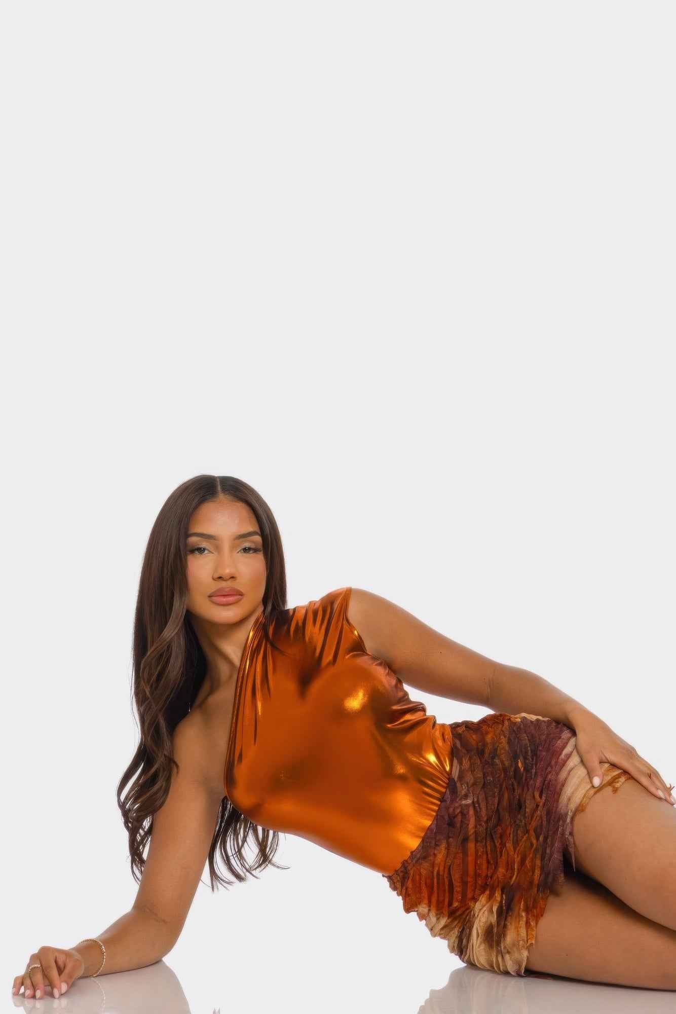 Metallic One Shoulder Bodysuit & Mini Skirt Set