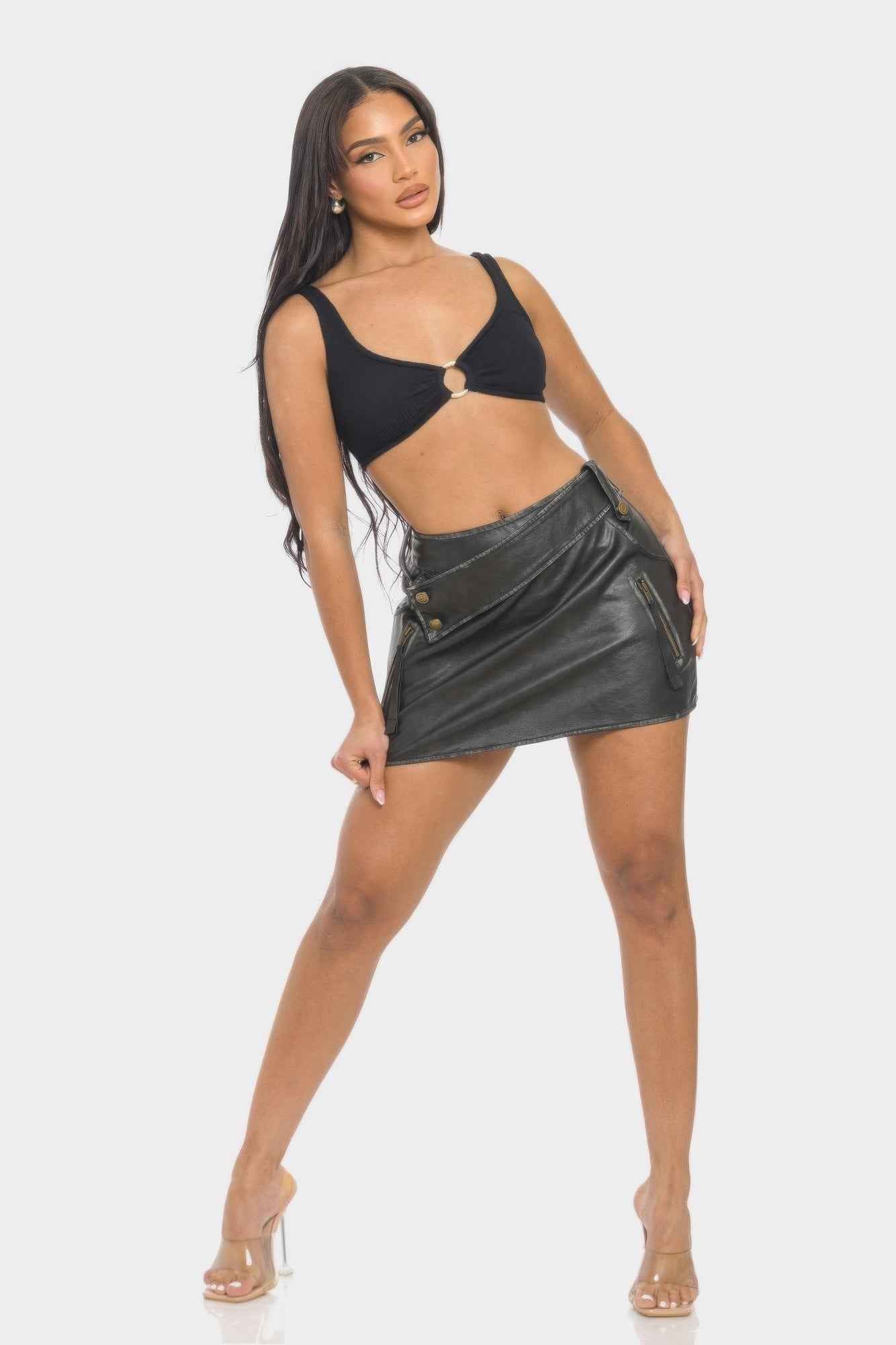 Faux Leather Strap Mini Skirt