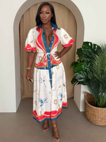 Crane & Nautical Belted Midi Dress Ivory Multi