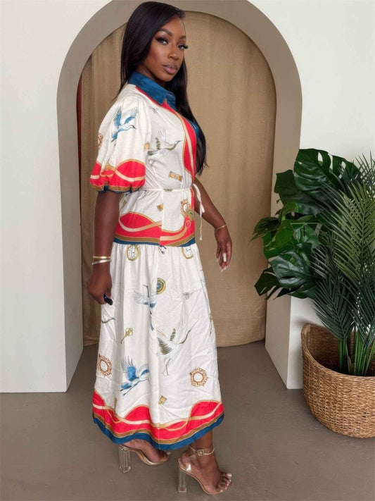 Crane & Nautical Belted Midi Dress Ivory Multi