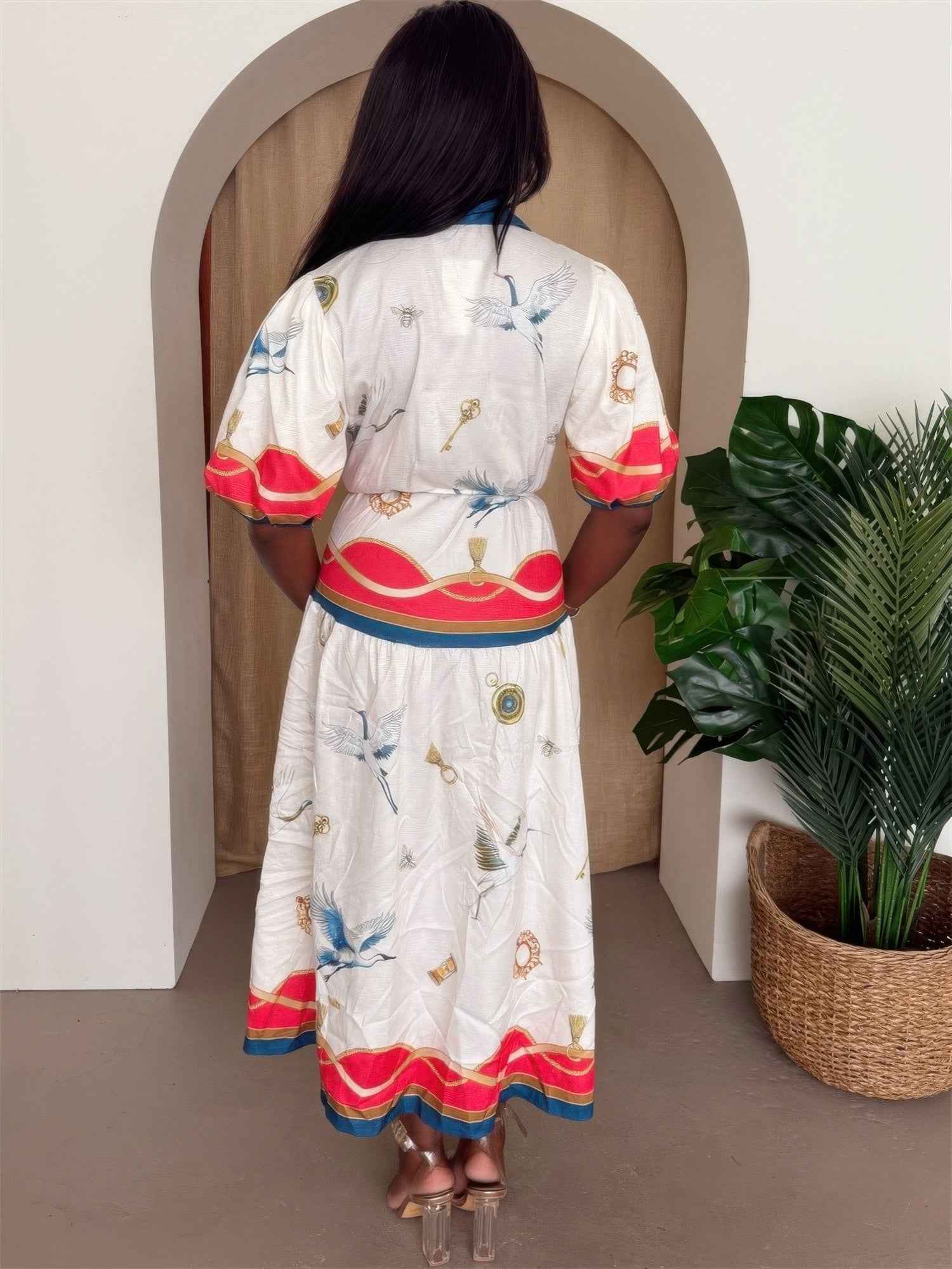 Crane & Nautical Belted Midi Dress Ivory Multi