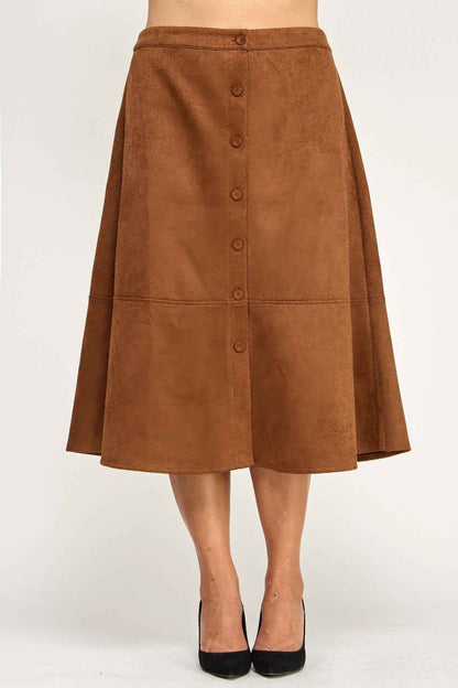 Plus Size Button-front Faux Suede Aline Midi Skirt
