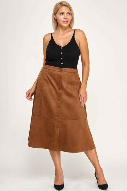 Plus Size Button-front Faux Suede Aline Midi Skirt
