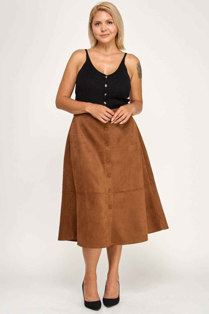 Plus Size Button-front Faux Suede Aline Midi Skirt