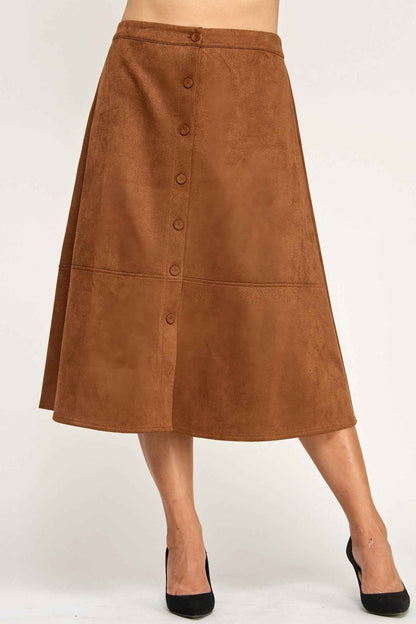 Plus Size Button-front Faux Suede Aline Midi Skirt