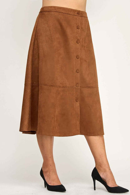 Plus Size Button-front Faux Suede Aline Midi Skirt