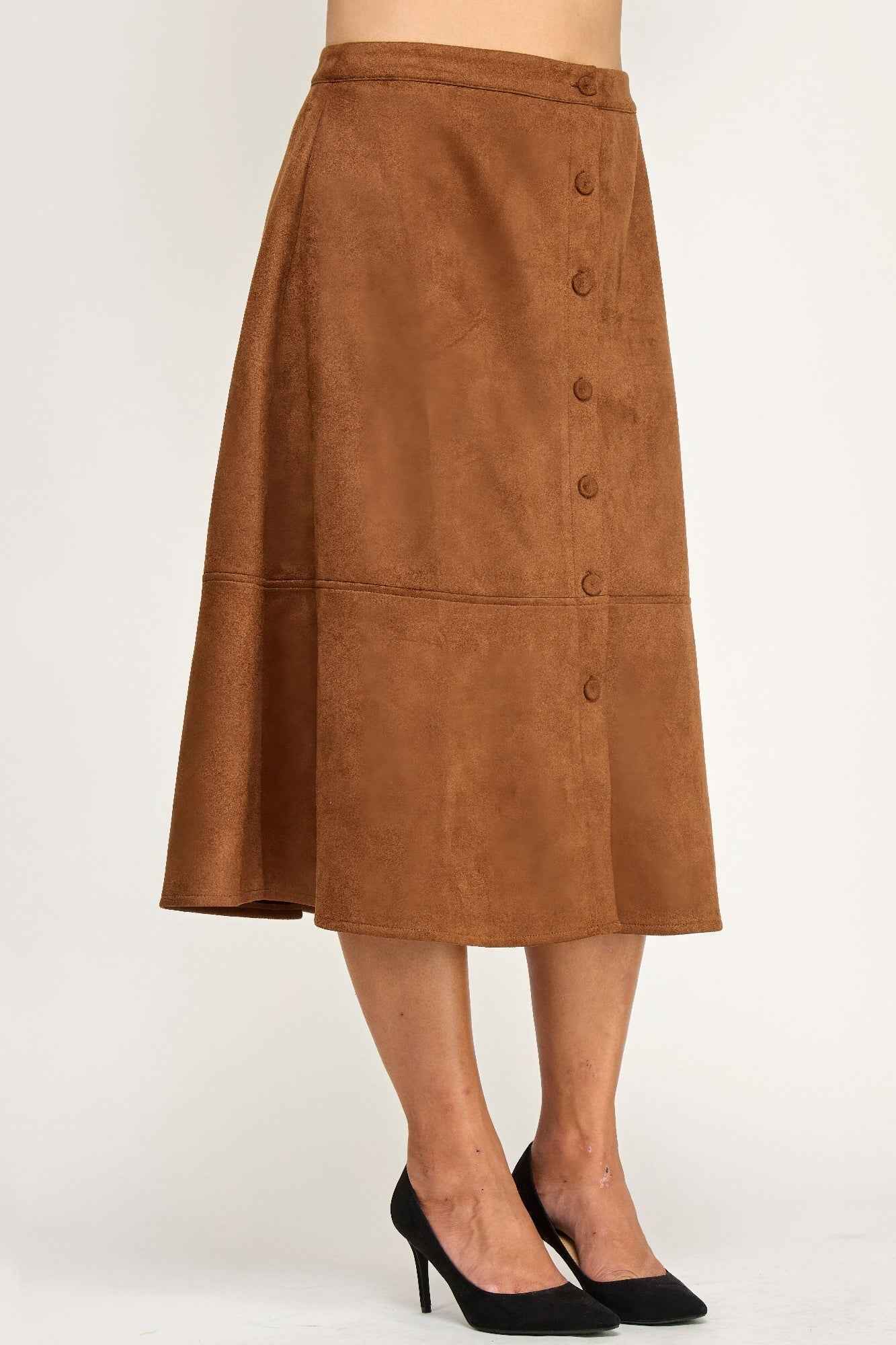 Plus Size Button-front Faux Suede Aline Midi Skirt