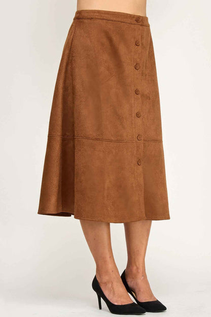 Plus Size Button-front Faux Suede Aline Midi Skirt