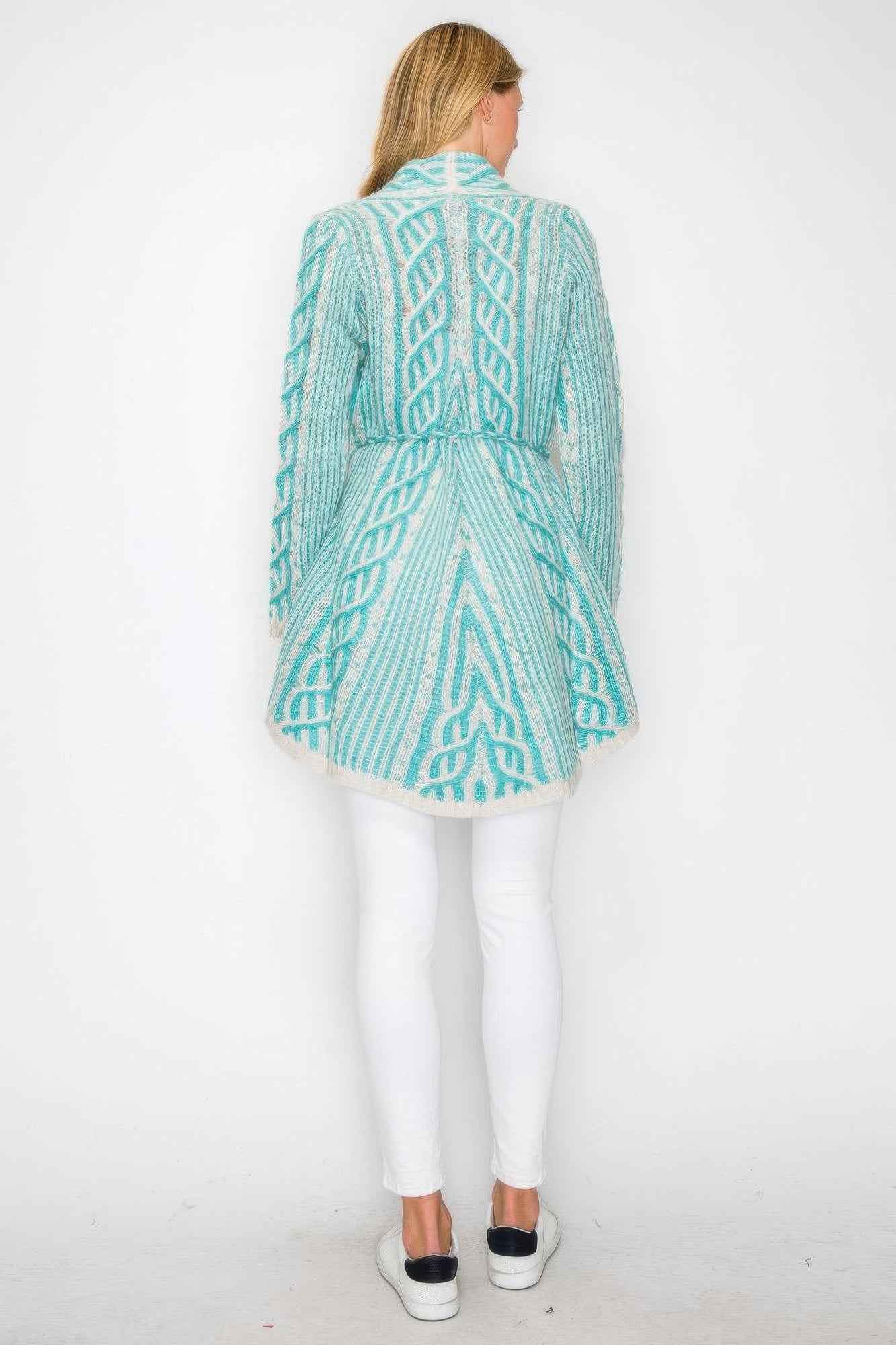 Open Wool Cardigan With Belt String & Front Pocket