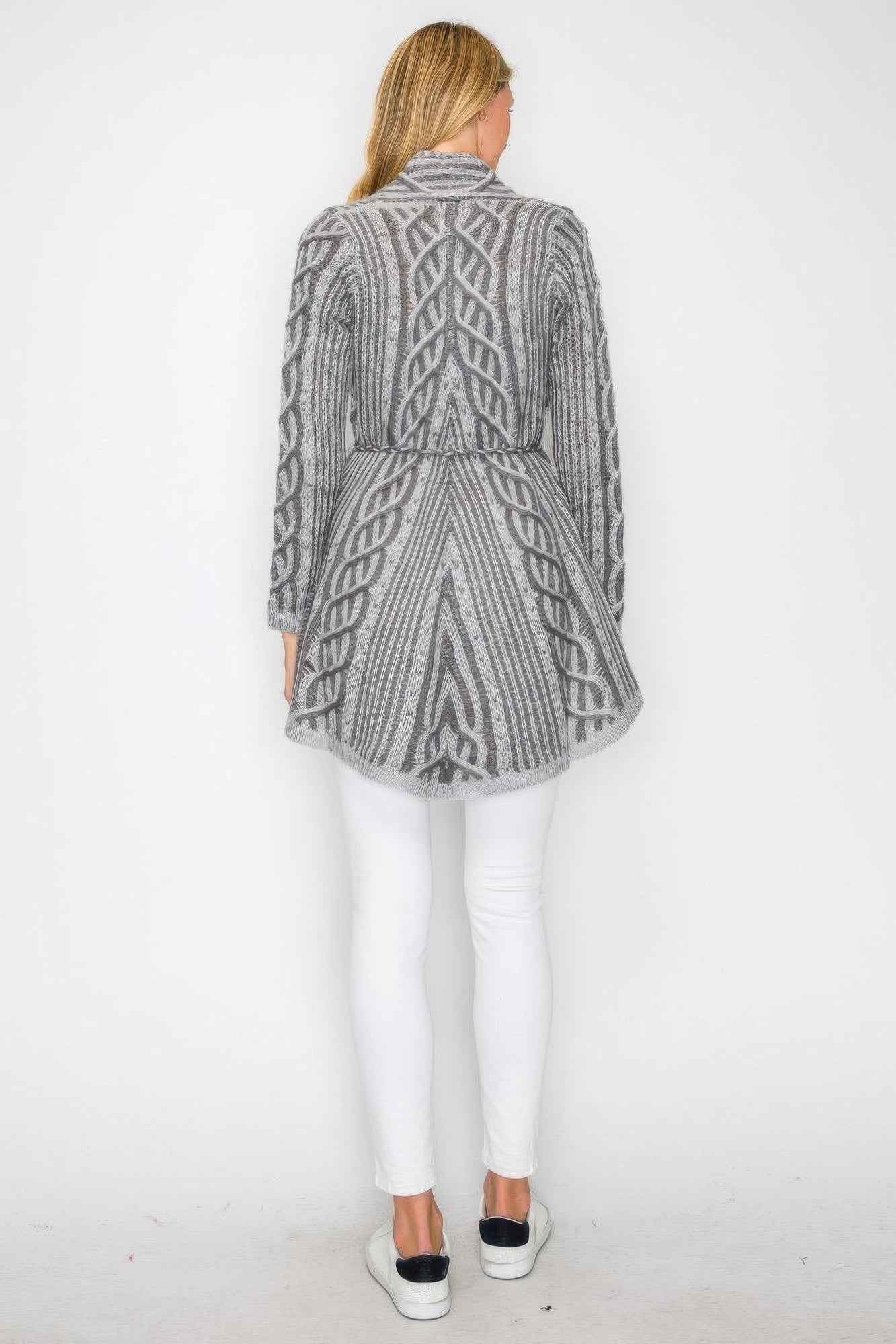 Open Wool Cardigan With Belt String & Front Pocket