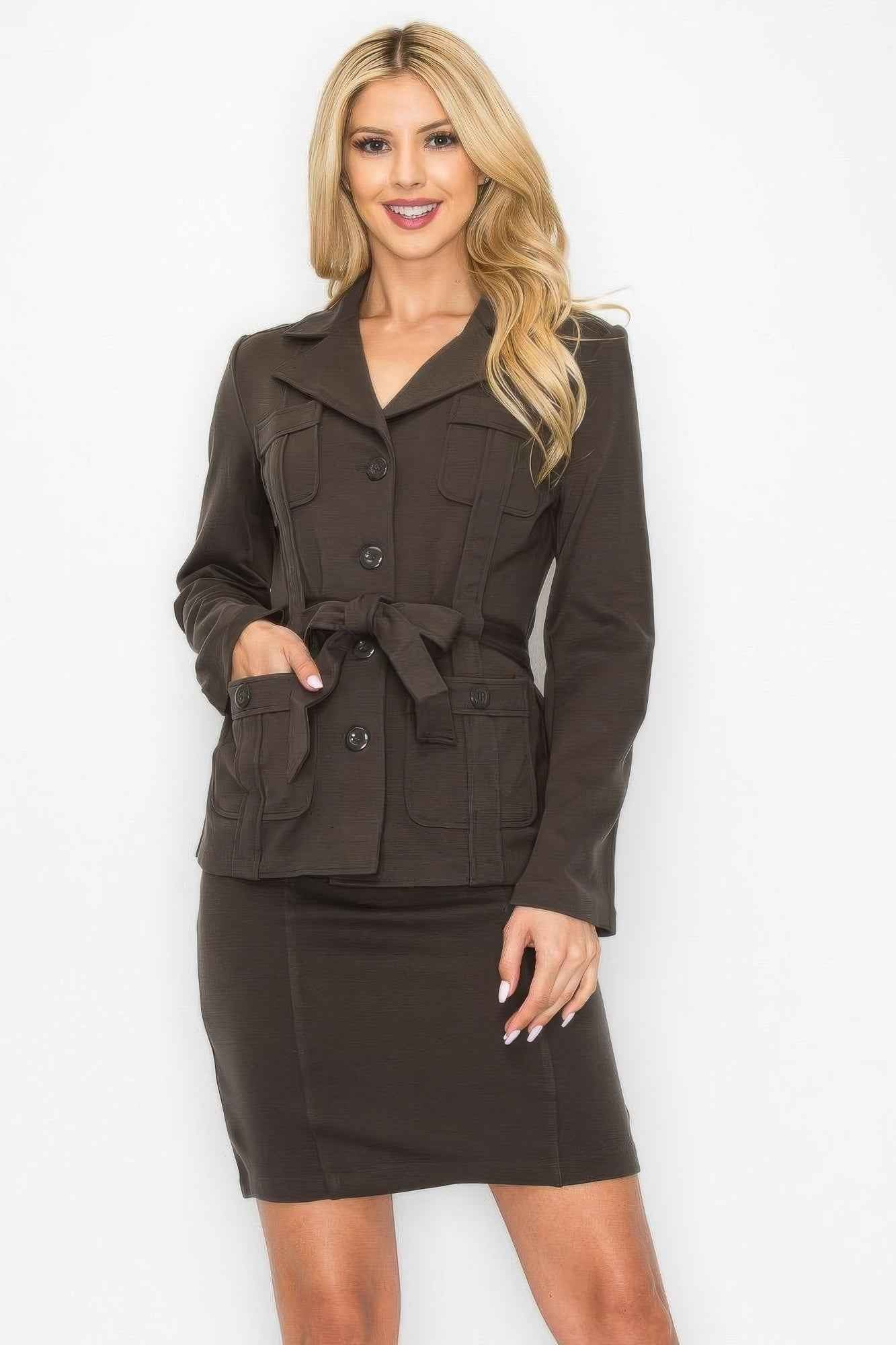 Ls Belted Button Up Jacket & Pencil Skirt Set
