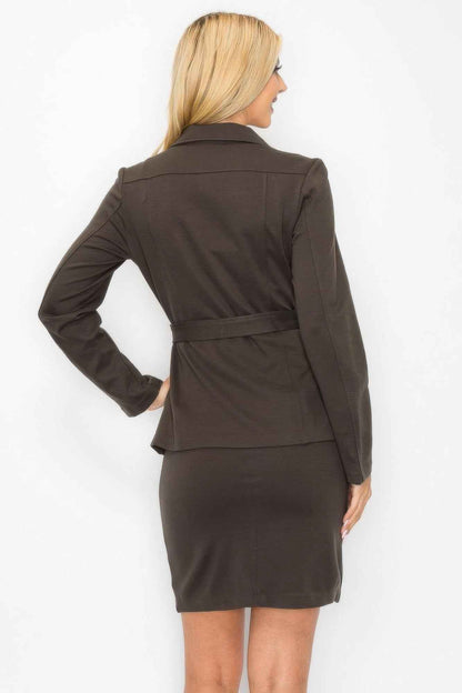 Ls Belted Button Up Jacket & Pencil Skirt Set
