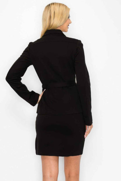 Ls Belted Button Up Jacket & Pencil Skirt Set