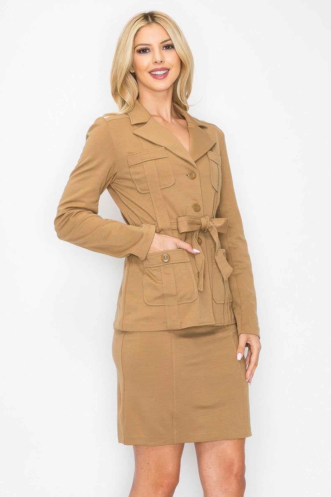 Ls Belted Button Up Jacket & Pencil Skirt Set