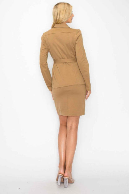 Ls Belted Button Up Jacket & Pencil Skirt Set