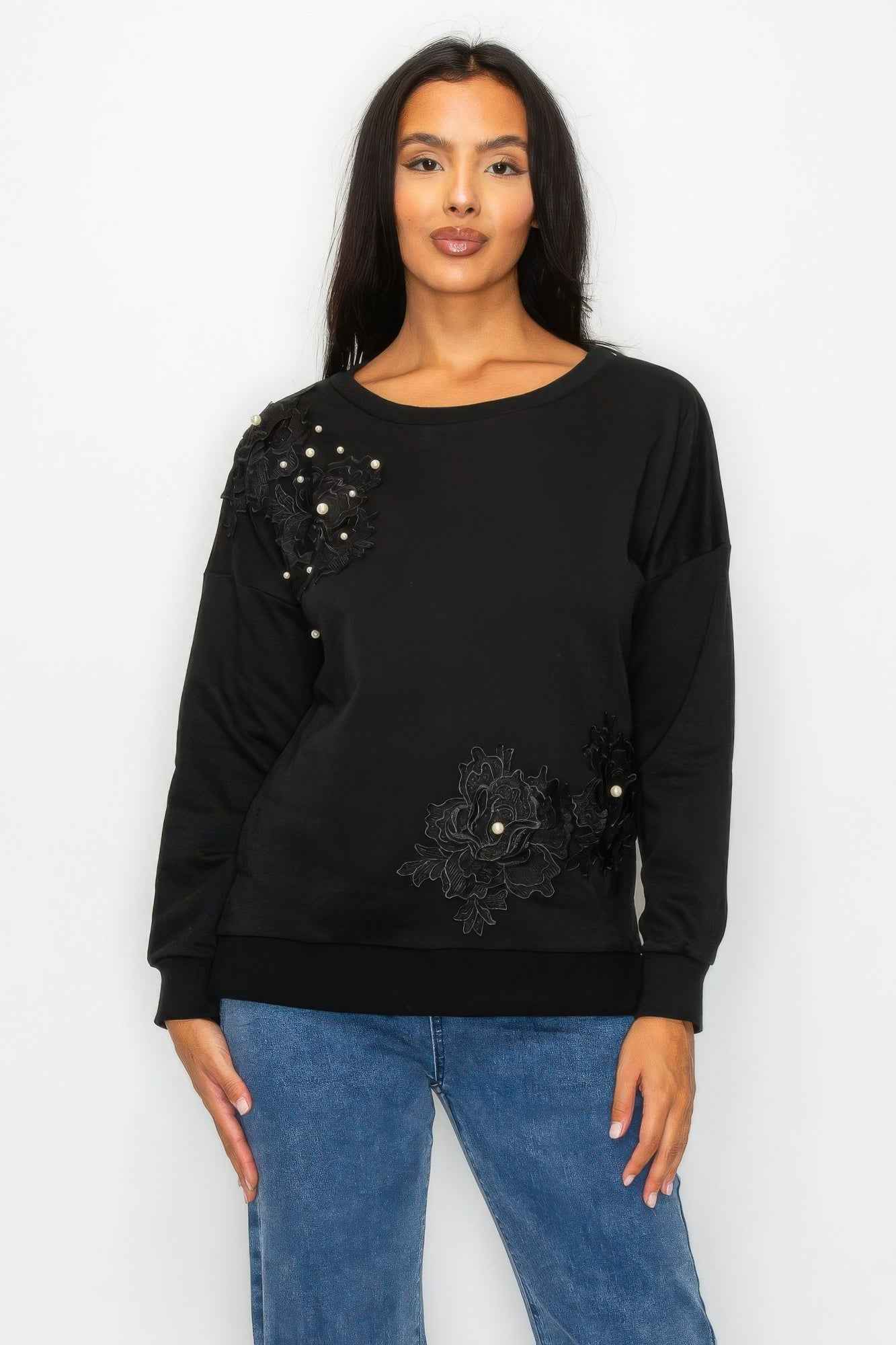 Faux Pearl Beaded Floral Patch Crewneck Sweatshirt
