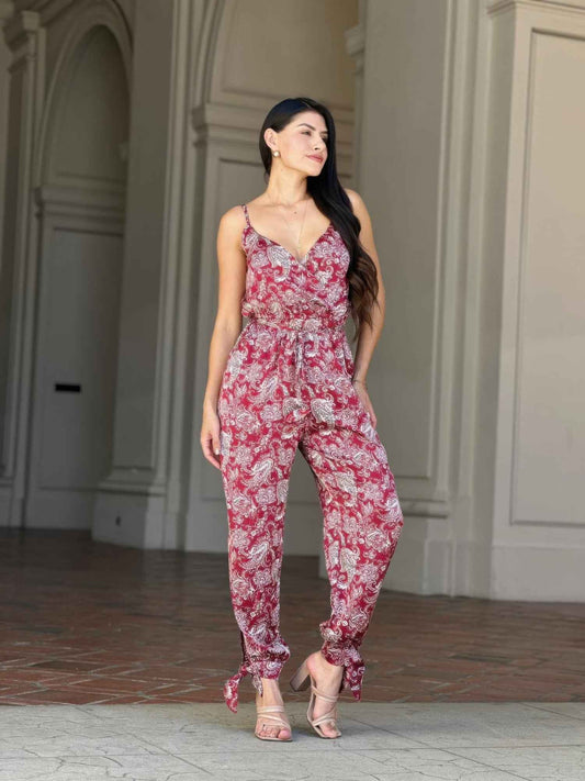 V Neck Sleeveless Paisley Jumpsuit With Tie Waist