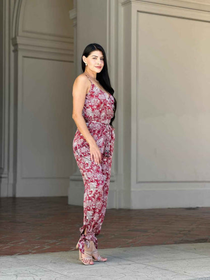 V Neck Sleeveless Paisley Jumpsuit With Tie Waist