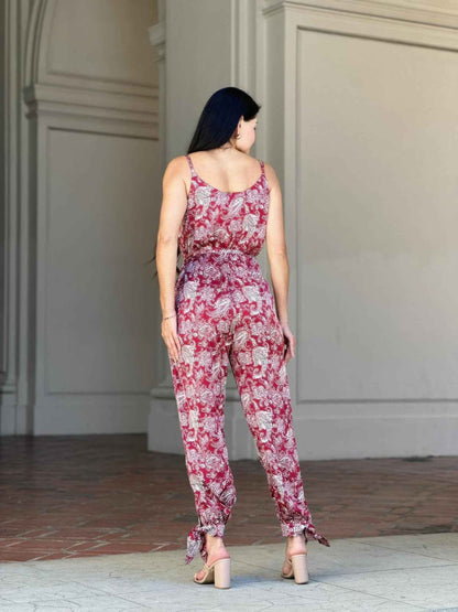 V Neck Sleeveless Paisley Jumpsuit With Tie Waist