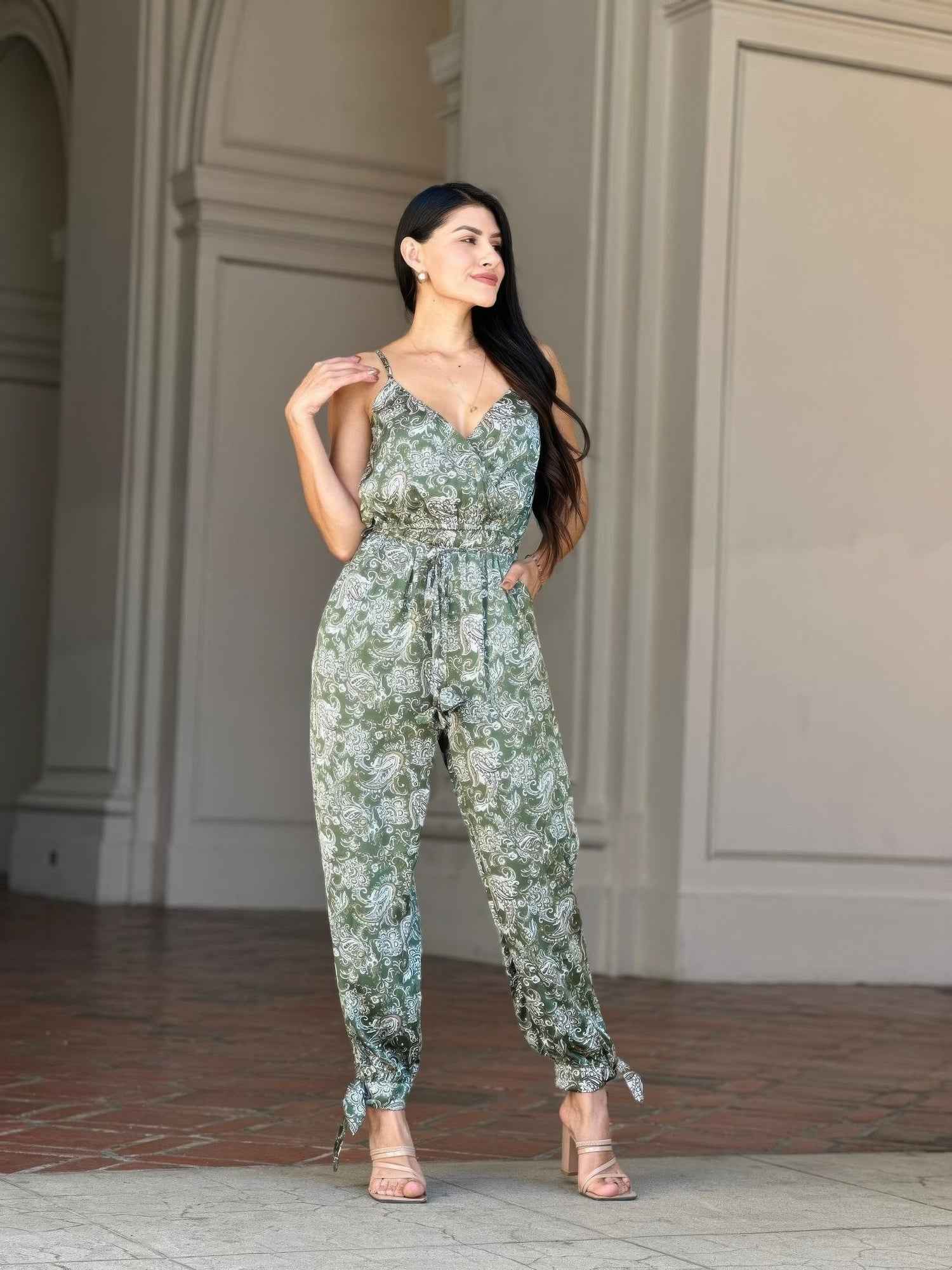 V Neck Sleeveless Paisley Jumpsuit With Tie Waist