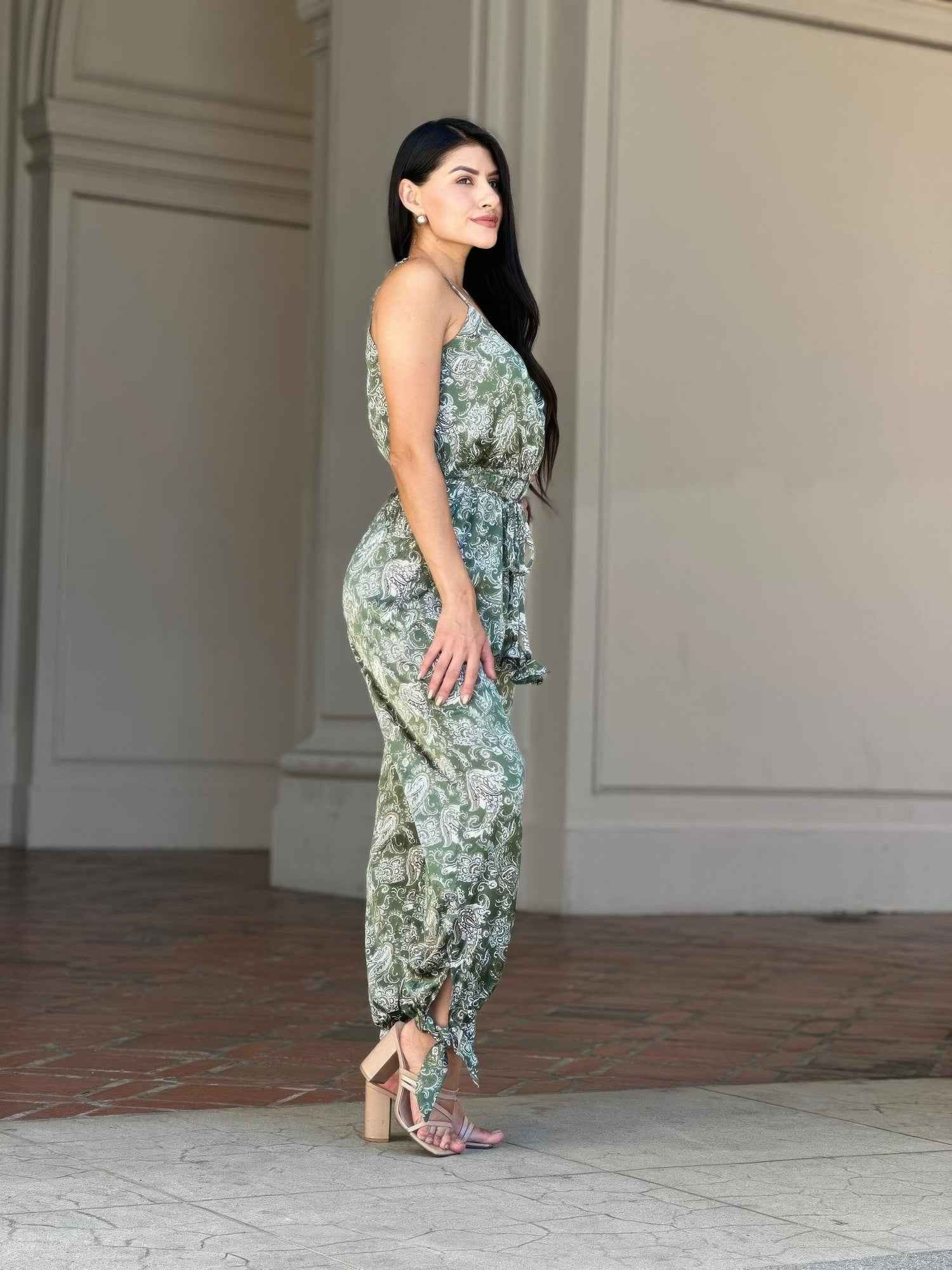 V Neck Sleeveless Paisley Jumpsuit With Tie Waist