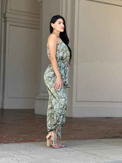 V Neck Sleeveless Paisley Jumpsuit With Tie Waist