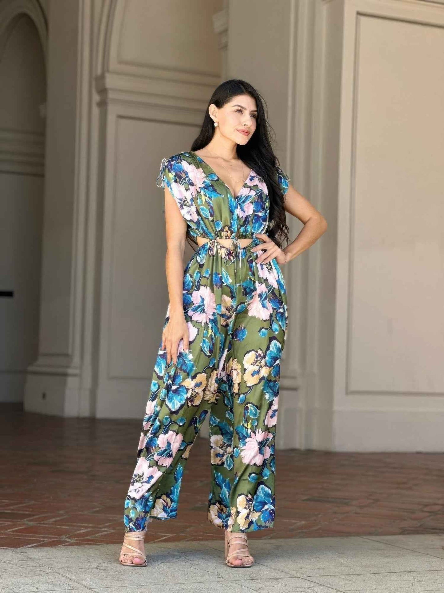 Satin Floral Cut Out Straight Leg Jumpsuit