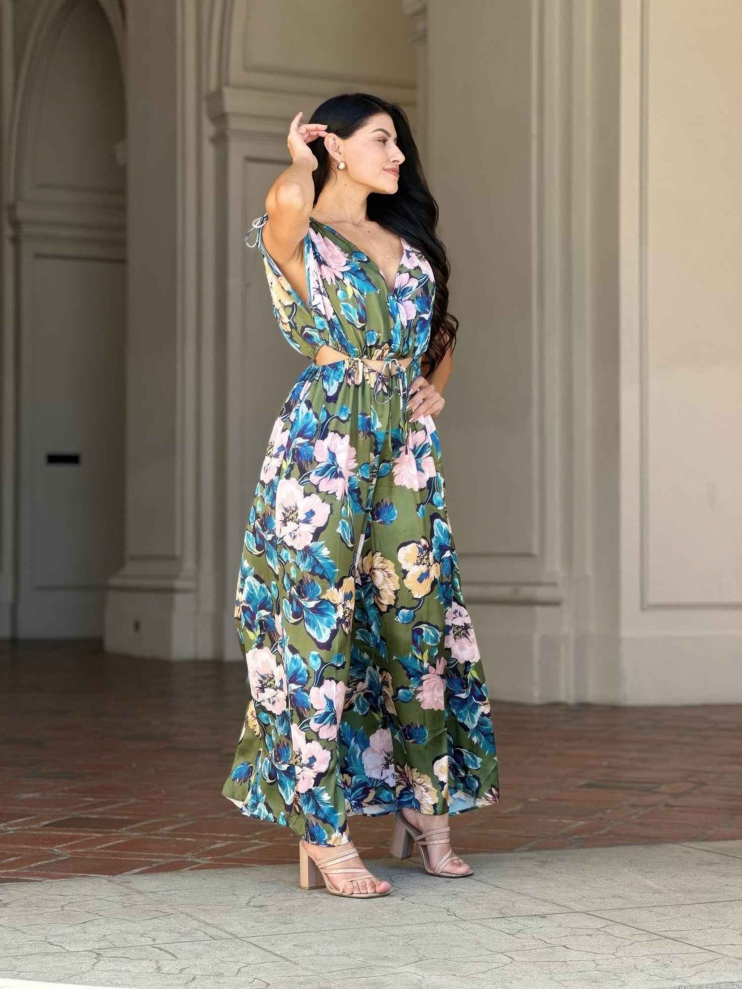Satin Floral Cut Out Straight Leg Jumpsuit