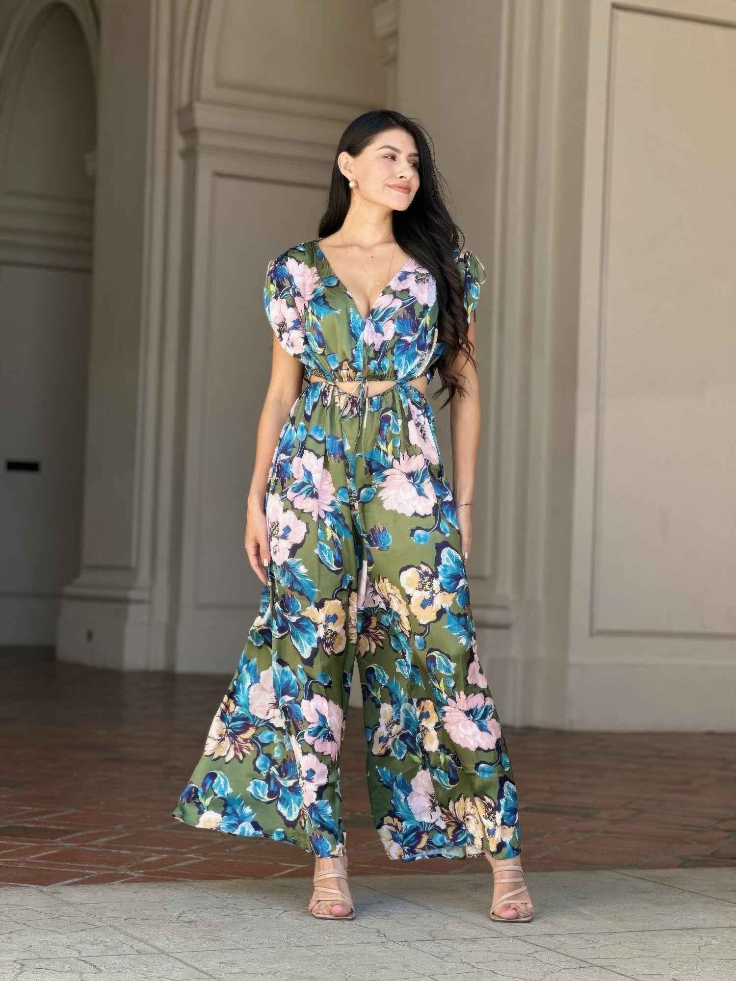 Satin Floral Cut Out Straight Leg Jumpsuit