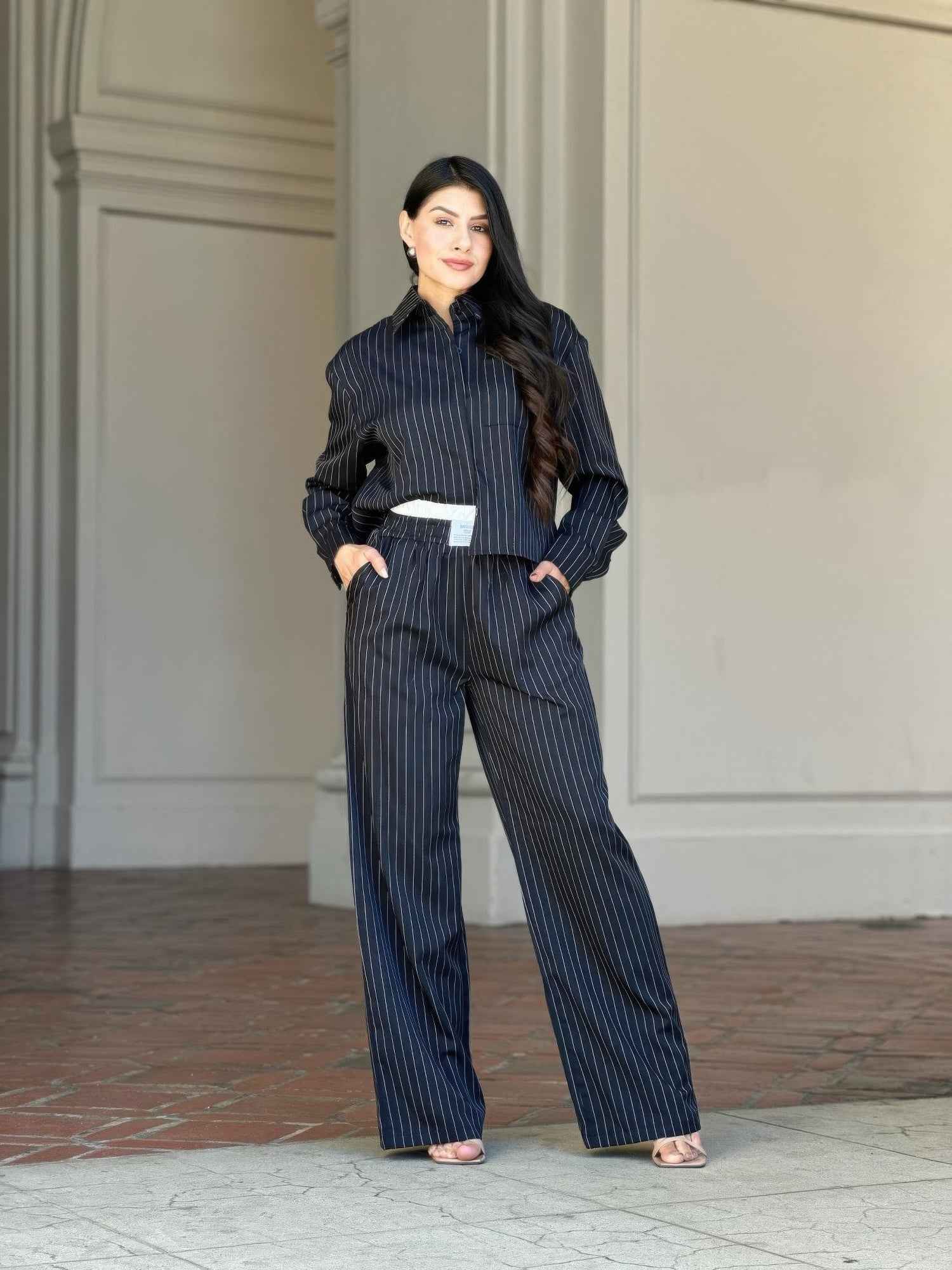 Striped Set With Double Waistband Pants And Top
