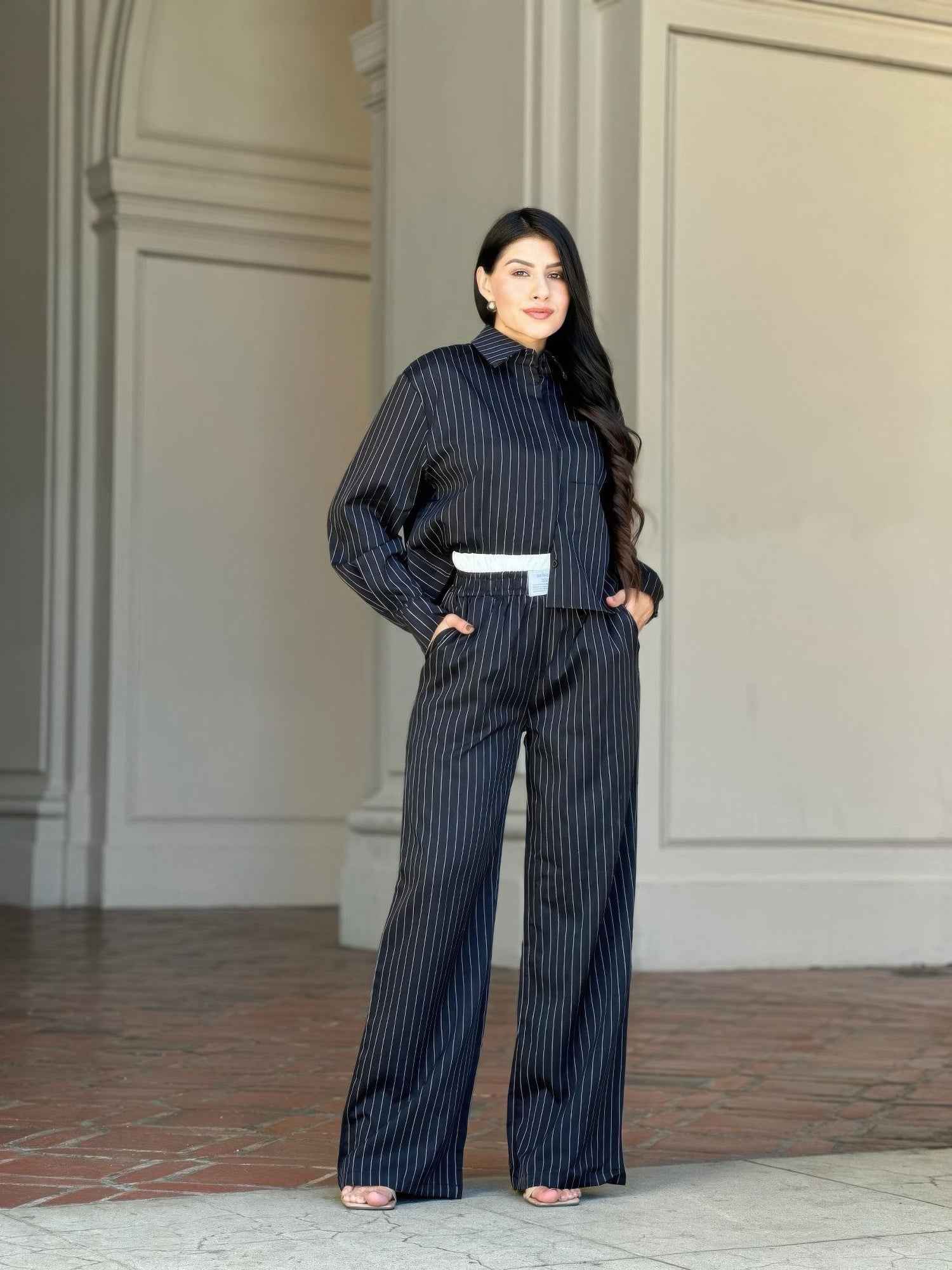 Striped Set With Double Waistband Pants And Top