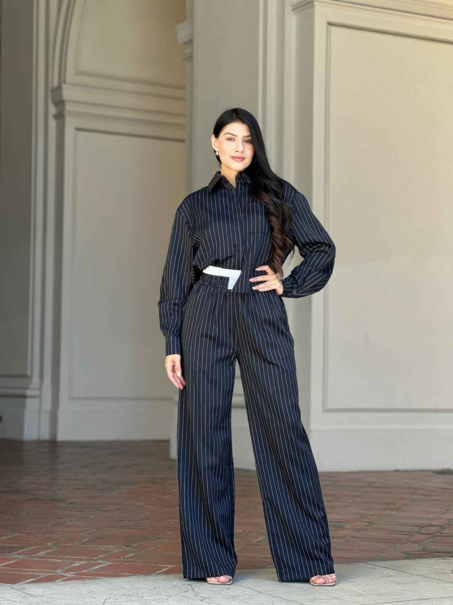 Striped Set With Double Waistband Pants And Top