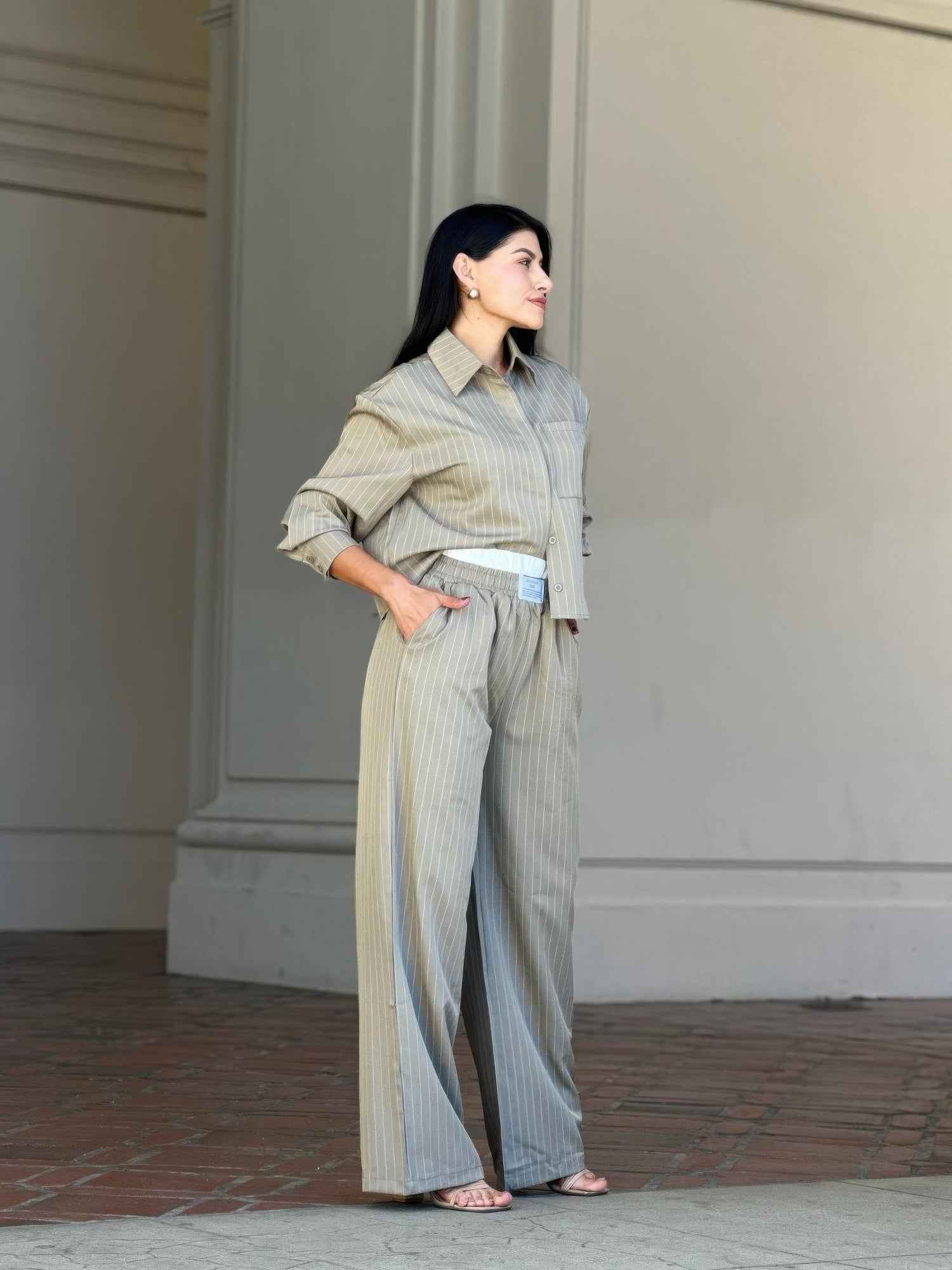 Striped Set With Double Waistband Pants And Top