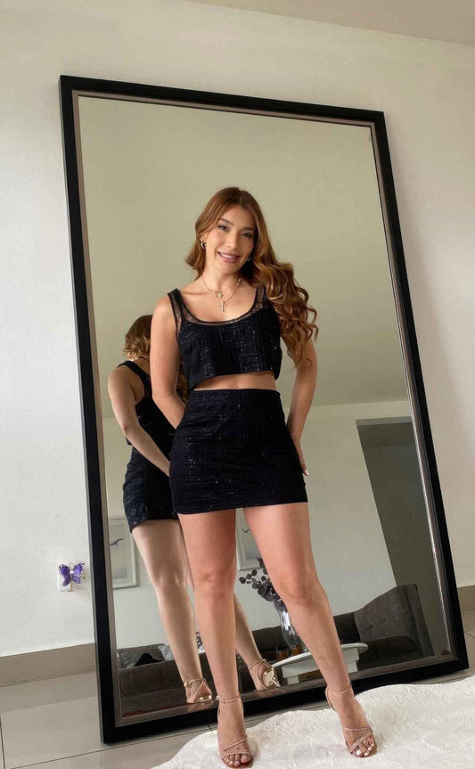 Black Sequin Detail Two Piece Set Crop And Skirt