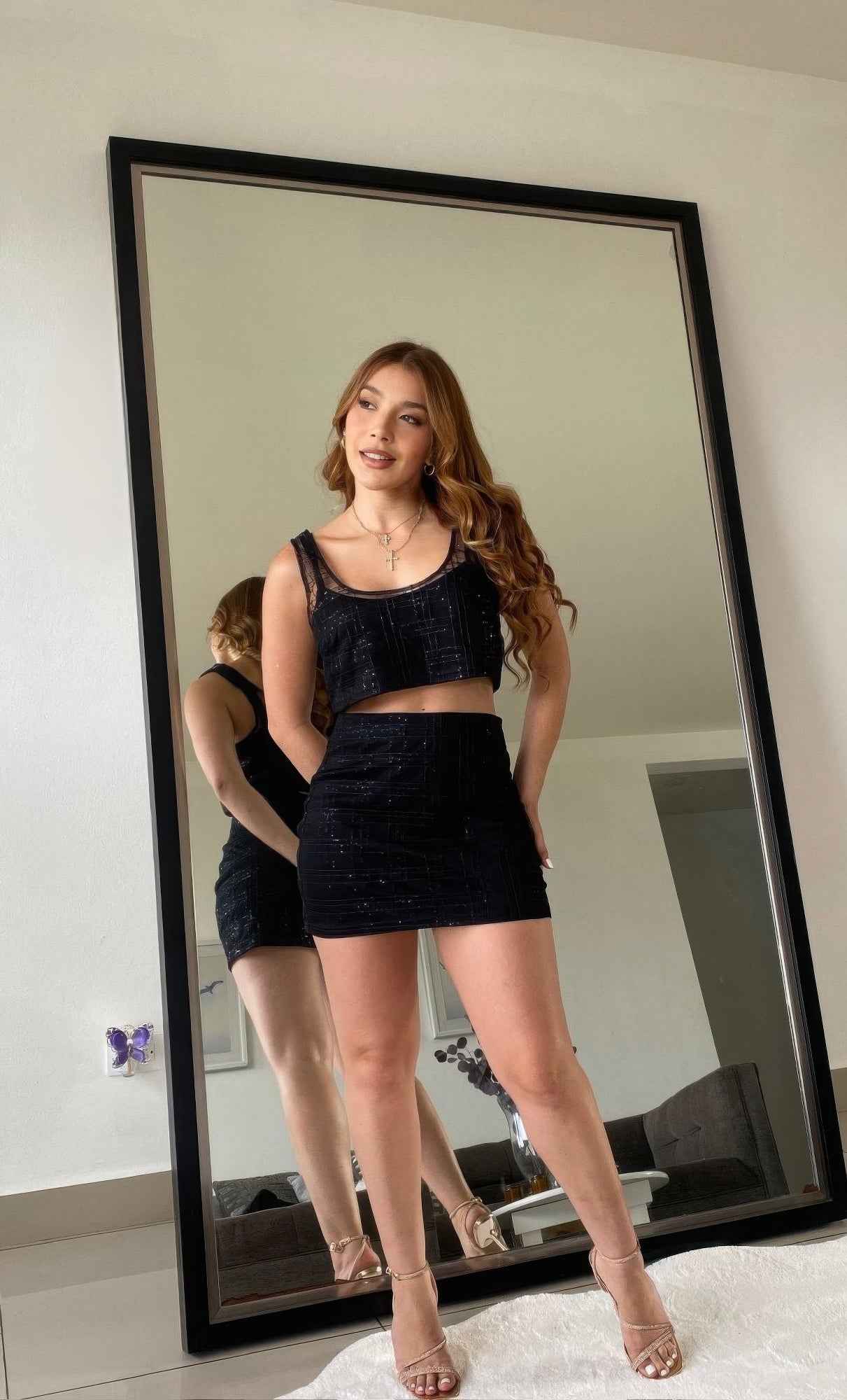 Black Sequin Detail Two Piece Set Crop And Skirt