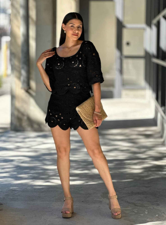 Boho Crochet Lace Crop Top & Line Short Set